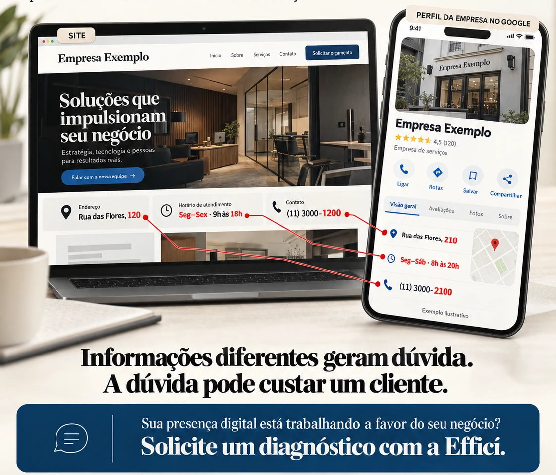 Exemplo ilustrativo de site e Perfil da Empresa no Google com endereço, horário e telefone divergentes.