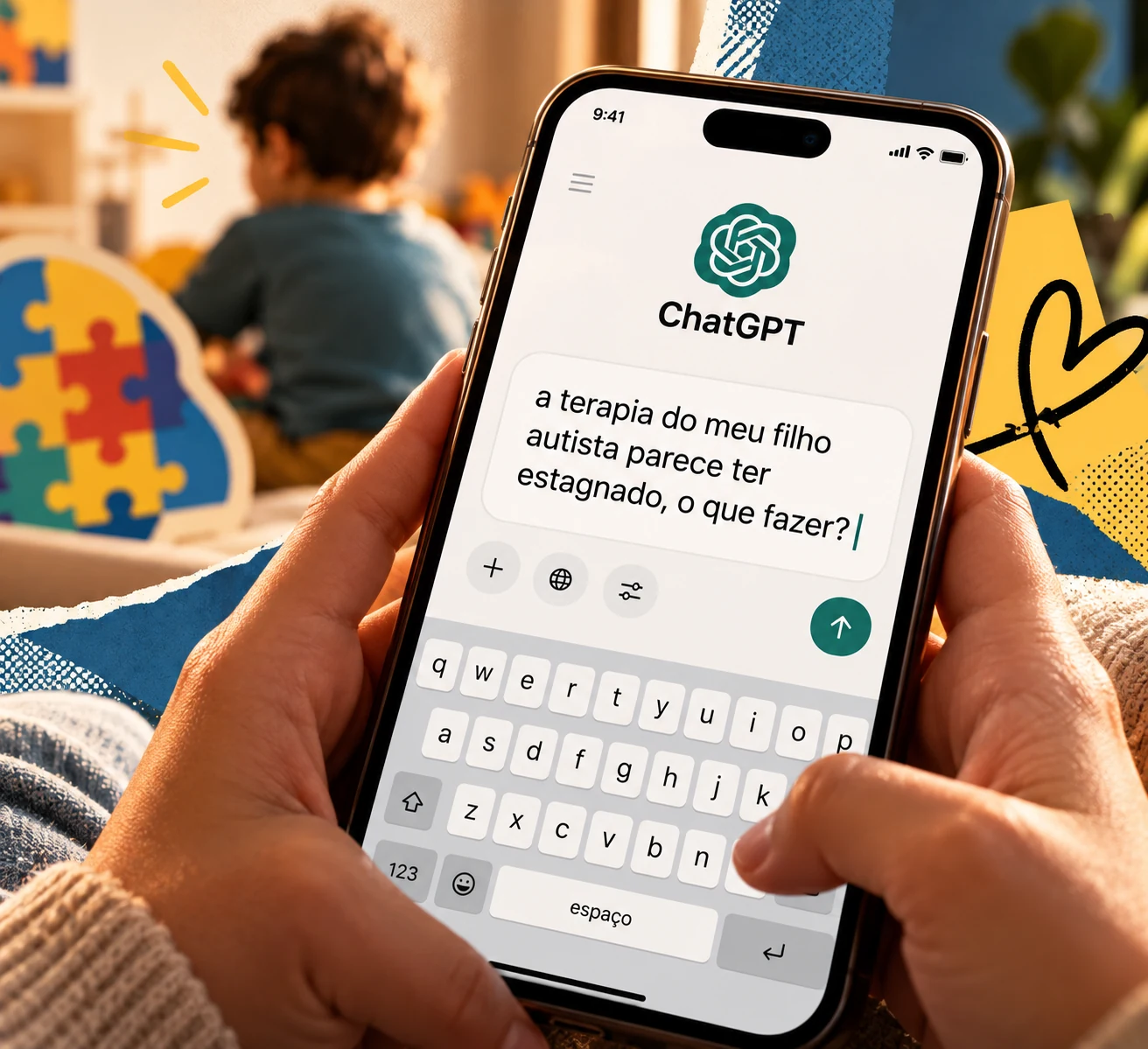 Ilustração de uma pergunta ao ChatGPT no celular: a terapia do meu filho autista parece ter estagnado, o que fazer?