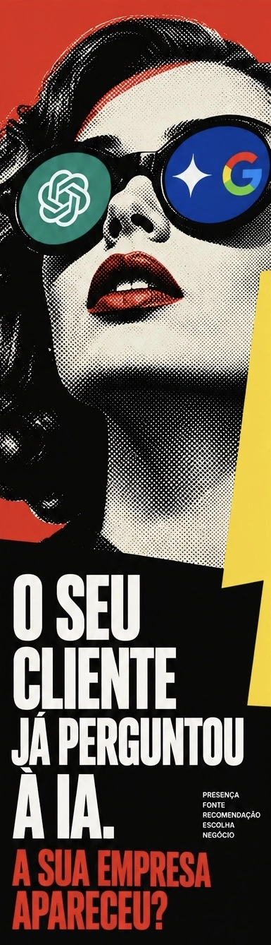 Pôster Pop Art: mulher com óculos de IA. O seu cliente já perguntou à IA. A sua empresa apareceu?